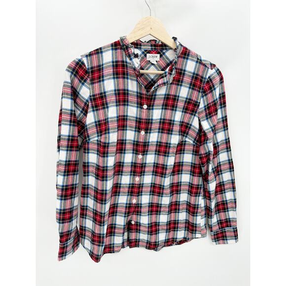 J.Crew Factory Womens Red Plaid Ruffle Collar Button Front Shirt Size XS Fall - Picture 1 of 9